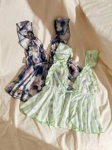 Lullawish 2pcs Bohemian Vacation Style Ocean Animal Flower Plant Print Ruffle Trim Women's Pajama Top - Multicolor - View 5