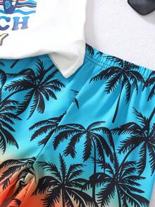 SHEIN 3件組小男孩夏季兒童海灘夏威夷風白色衝浪棕櫚樹海豚印花無袖背心漸層熱帶短褲套裝附遮陽帽 - 紅色 - 查看 7