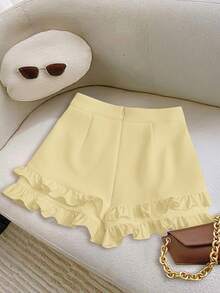 Franclia Fashionable Yellow Mini Shorts For Women Casual Plain Woven Fabric With Ruffle Detail - Yellow - View 8