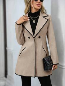 EMERY ROSE Women's Autumn/Winter Fashion Contrast Trim Overcoat - Khaki - View 8