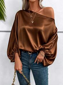 SHEIN 女款素色不對稱肩休閒百搭日常穿著襯衫 - 棕色 - 查看 6