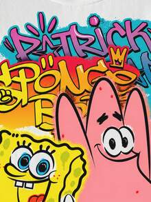SpongeBob SquarePants | SHEIN 小男孩字母卡通印花短袖T恤 - 白色 - 查看 6