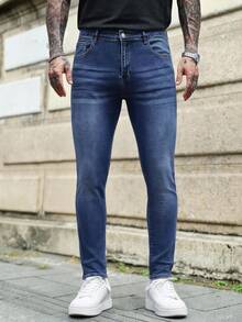 Manfinity Homme Men's Plus Size Casual Washed Slim Fit Jeans - Blue - View 6