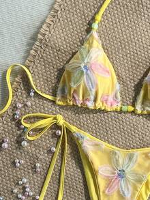 Costavie Swim MOD 兩件式比基尼套裝，春夏度假款，彩色花卉亮片紋理面料，掛脖三角上衣搭配側綁帶比基尼泳褲，性感女款泳衣 - 彩色 - 查看 5