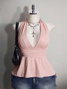 SHEIN ICON 大尺碼掛脖深V領收腰A字露背波點背心，復古Y2K掛脖波點背心，娃娃裝波點掛脖露背上衣 - 粉色 - 查看 2
