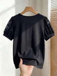 Rusticease Middle-Aged Women's Rhinestone Decorated Contrast Lace Short Sleeve T-Shirt - Black - View 2