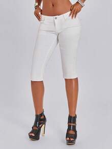 ROMWE Grunge Punk Summer Outfits Vintage Embroidered Rhinestone Sexy Y2K Ultra Low Waist White Tight Denim Shorts - White - View 4