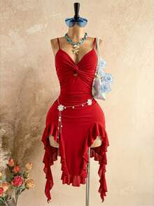 Soleia Women's Solid Color Twisted Knot Ruffle Hem Fashion Date Party Midi Spaghetti Strap Dress - Red - View 9