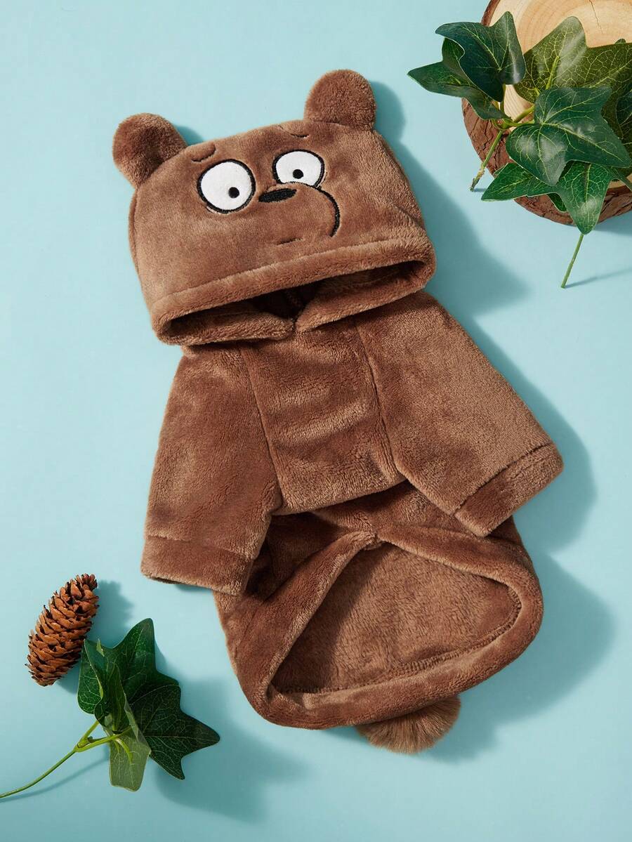 We Bare Bears X PETSIN 1件貓狗通用服飾,可愛卡通角色扮演設計附立體耳朵,棕色泰迪熊法蘭絨厚實保暖連帽衛衣,適合舒適室內休閒或寒冷戶外冬季散步,小型犬服裝 - 棕色 - 查看 1