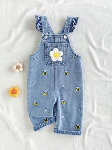 SHEIN Vintaside Kids 1件女嬰藍色牛仔休閒可愛刺繡花卉吊帶褲，適合外出、夏季度假與秋季穿著 - 藍色 - 查看 6