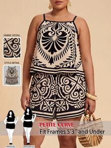 SHEIN PETITE CURVE Plus Size Women's Black White Print 2-Piece Casual Set, Beige, Summer, Boho, Vacation, Holiday, Beach Vacation, Beach Vacation Outfits, Bohemian Style - Black - View 3