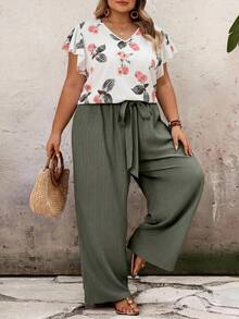 SHEIN CURVE+ Plus Size 2pcs/Set Casual Boho All-Over Print Shirt And Solid Color Pants Summer Outfits For Women Flowy Pants Easter Bohemia Beach Vacation Pink - Green - View 5
