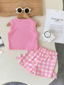 SHEIN Playful Pals 女婴夏季蓝色纹理无袖上衣和蓝色格子短裤套装，饰有蓝色蝴蝶结，日常必备单品 - 粉色 - 查看 4