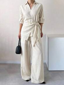 DAZY Spring Summer Casual Vacation Waist Tie Loose Shirt Top And Straight Leg Pants 2pcs Set For Women - Beige - View 8