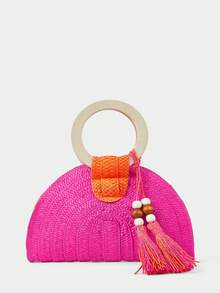 SHECARRY Ladies Round Wooden Arm Two-Color Straw Woven Handbag, Fashionable, Elegant, Simple ,  For Beach Holidays, Festivals, Summer Beach Party - Hot Pink - View 6