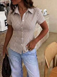 SHEIN EZwear Women's Elegant Preppy Sexy Casual Summer White And Brown Gingham Plaid Short Sleeve Button Down Shirt, Slim Fit Peplum Hem Collared Blouse, Brunch - Brown - View 7