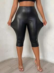 SHEIN SXY Plus Size Women's Solid Color PU Leather Fashion Capris - Black - View 5