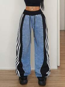 StreetHx Women's Fashion Versatile Striped Contrast Color Drawstring Waist Denim Jeans - Blue - View 5