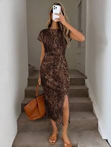 SHEIN LUNE Knitted Leopard Print Elegant Sexy Daily Wear Waist Twist High Slit Sleeveless Midi Dress For Women Going Out Brown Summer - Multicolor - View 7