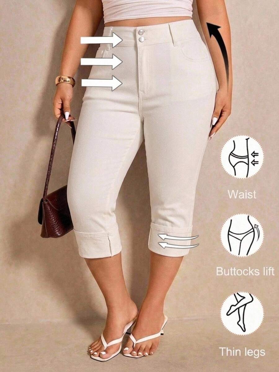 Elaquor Plus Size Solid Color Fashion Versatile Button Pocket Denim Capris, Casual Gothic Traditional, Summer, Commuter, Vacation, Party Date Night, White
