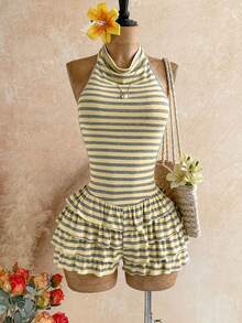 Soleia Women's Striped Colorblock Pleated Casual Daily Wear Romper - Multicolor - View 7