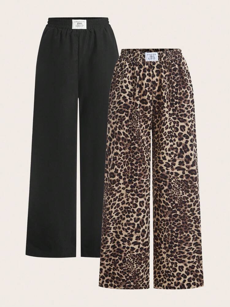 SHEIN Tall CURVE Plus Size Women's New Black Leopard Print Wide Leg Pants 2 Pieces Set Fall - Multicolor - View 2