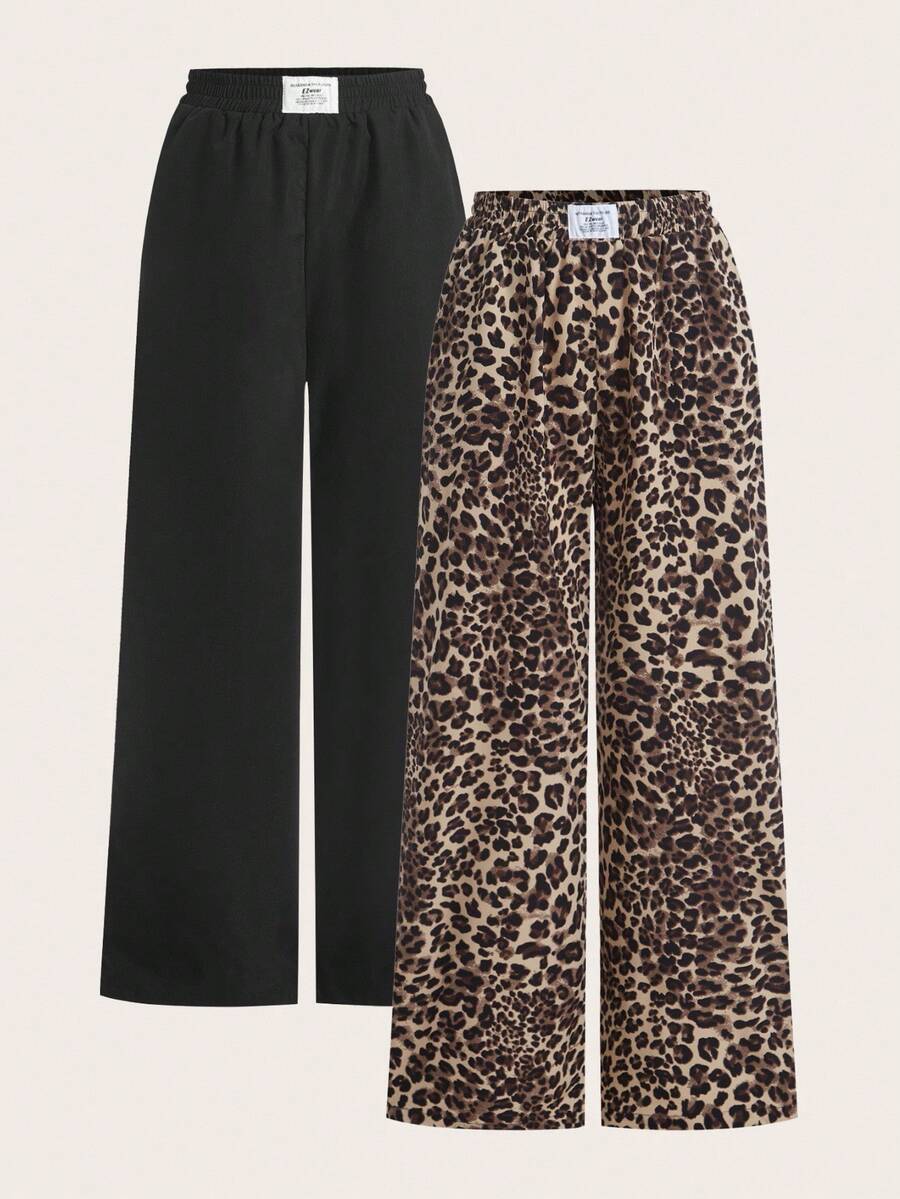 SHEIN Tall CURVE 大尺碼女款新款黑色豹紋寬腿褲 2件套 - 彩色 - 查看 1