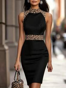 EMERY ROSE Women's Contrast Color Splice Stand Collar Sleeveless Fitted Leopard Print Summer Mini Dress - Black - View 1