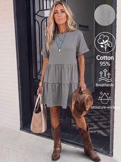 LanaWest 95 Cotton Rolled Cuff Ruffle Hem Babydoll Dress Vacation Beach Outfits Women