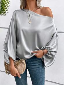 SHEIN 女款素色單肩休閒百搭日常旅行襯衫 - 灰色 - 查看 3