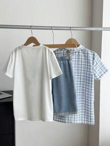 SHEIN Little Byeori 3件套儿童/青少年男孩可爱夏季百搭三件套：格子短袖衬衫、白色T恤、蓝色牛仔短裤，适合日常穿着、运动、郊游、上学、聚会、度假、拍照等场合。 - 白色 - 查看 4