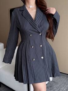 Vibekara Plus Size Women's Striped Pleated Casual Daily Wear Dress Fall - Dark Grey - View 4