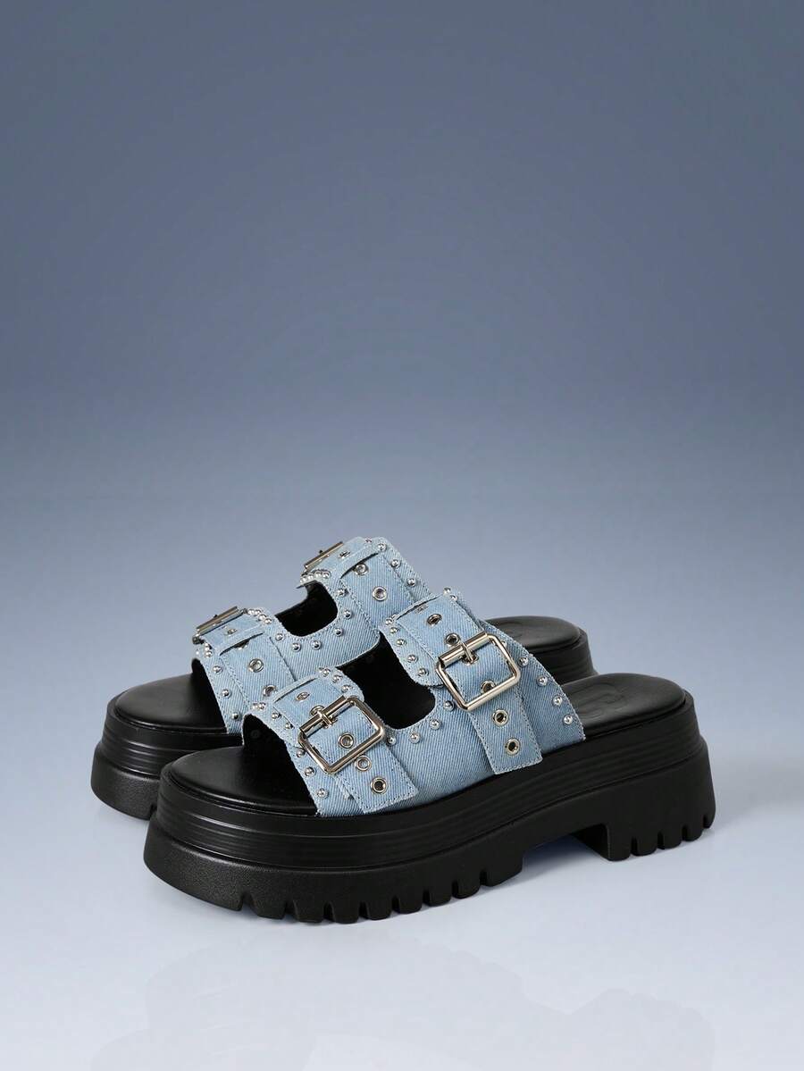 CUCCOO GRLICON Women's Wedge Heel Platform Sandals, Locomotive Style Wear, Cool Girl Wear, Suitable For Spring And Summer, Vacation Wear, A Must For Travel, 2000's S - denim light blue - View 1
