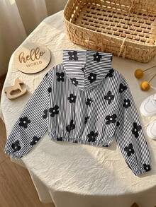 SHEIN Chaqueta con capucha y cremallera de manga larga con estampado floral y rayas para niña preadolescente - Multicolor - Ver 2
