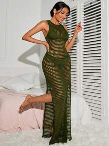 SHEIN Swim 女款純色鏤空開衩設計休閒性感熱帶度假罩衫洋裝，海灘派對適用，橄欖綠，夏季 - 軍綠色 - 查看 3