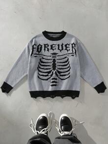 Manfinity Roughcore Suéter casual de uso diario para hombre con cuello redondo, gráfico de letras y bloques de color - Gris Oscuro - Ver 7
