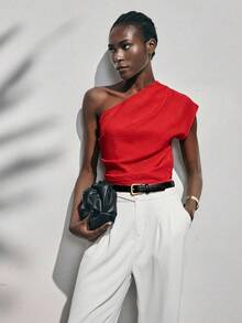 Lumivelle Women's Elegant Fashion Pleated White Relaxed Fit Asymmetrical Shoulder Blouse Romantic - Red - View 4