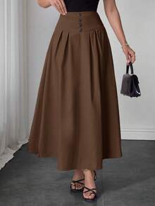 Modelyn Decorative Buckle Pleated Solid Color Elegant Skirt - Brown - View 1