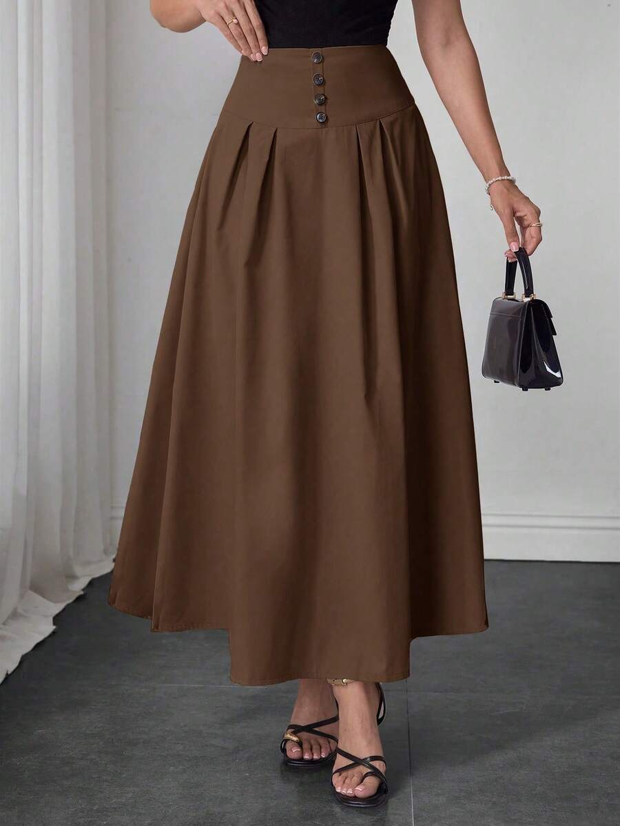 Modelyn Decorative Buckle Pleated Solid Color Elegant Skirt - Brown - View 1