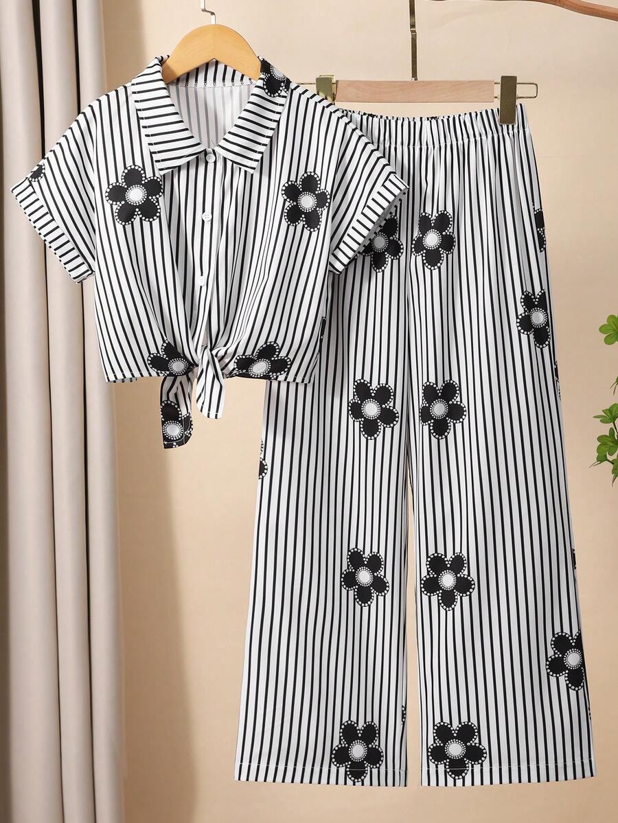 SHEIN 女童 2 件組條紋紋理布料短袖襯衫與休閒長褲套裝，舒適粉色條紋領口鈕扣短袖上衣搭配蝴蝶結長褲套裝，適合日常穿著，春夏季 - 黑色 - 查看 1