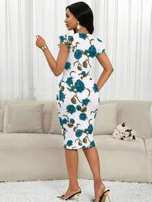 SHEIN Lady 女士优雅印花修身中长连衣裙，夏季 - 彩色 - 查看 2