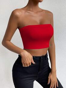 Allurite Top corto bandeau de unicolor para ropa de Año Nuevo para damas - Rojo - Ver 6