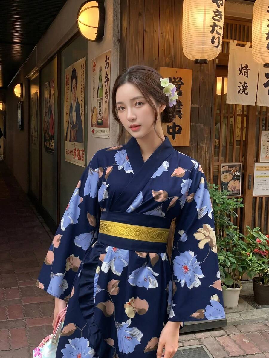 Irokai 日式優雅復古花卉印花浴衣 - 彩色 - 查看 1