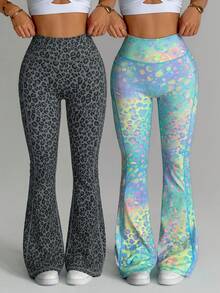 Velisys Velisys Seamed Colorful Leopard Print Flare Leg Pants (With Pockets) - Multicolor - View 3