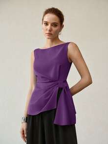 MOTF PREMIUM ELEGANT ASYMMETRICAL HEM SLEEVELESS BLOUSE - Purple - View 4