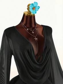 Amplova 女款長袖垂領透視罩衫迷你洋裝，側抓褶性感前衛露背泳裝罩衫，可愛性感透視春夏季度假穿搭 - 黑色 - 查看 5