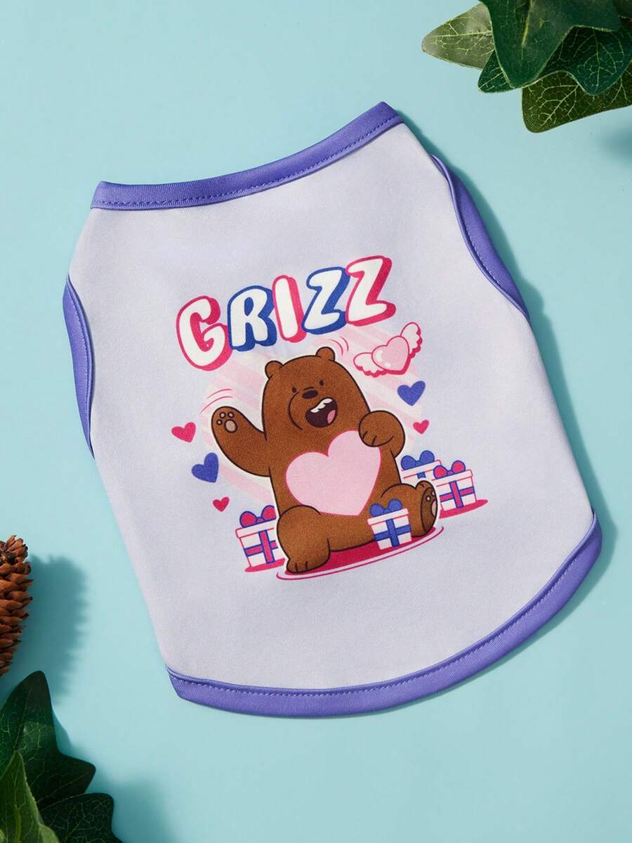 We Bare Bears X PETSIN 1件裝可愛棕熊抱心蝴蝶結禮物盒字母印花寵物背心 紫色滾邊無袖柔軟透氣防毛寵物衣服 - 彩色 - 查看 1