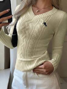 CovetEZ 女款休閒極簡刺繡細節針織衫，秋冬校園穿搭上衣 - 杏色 - 查看 3