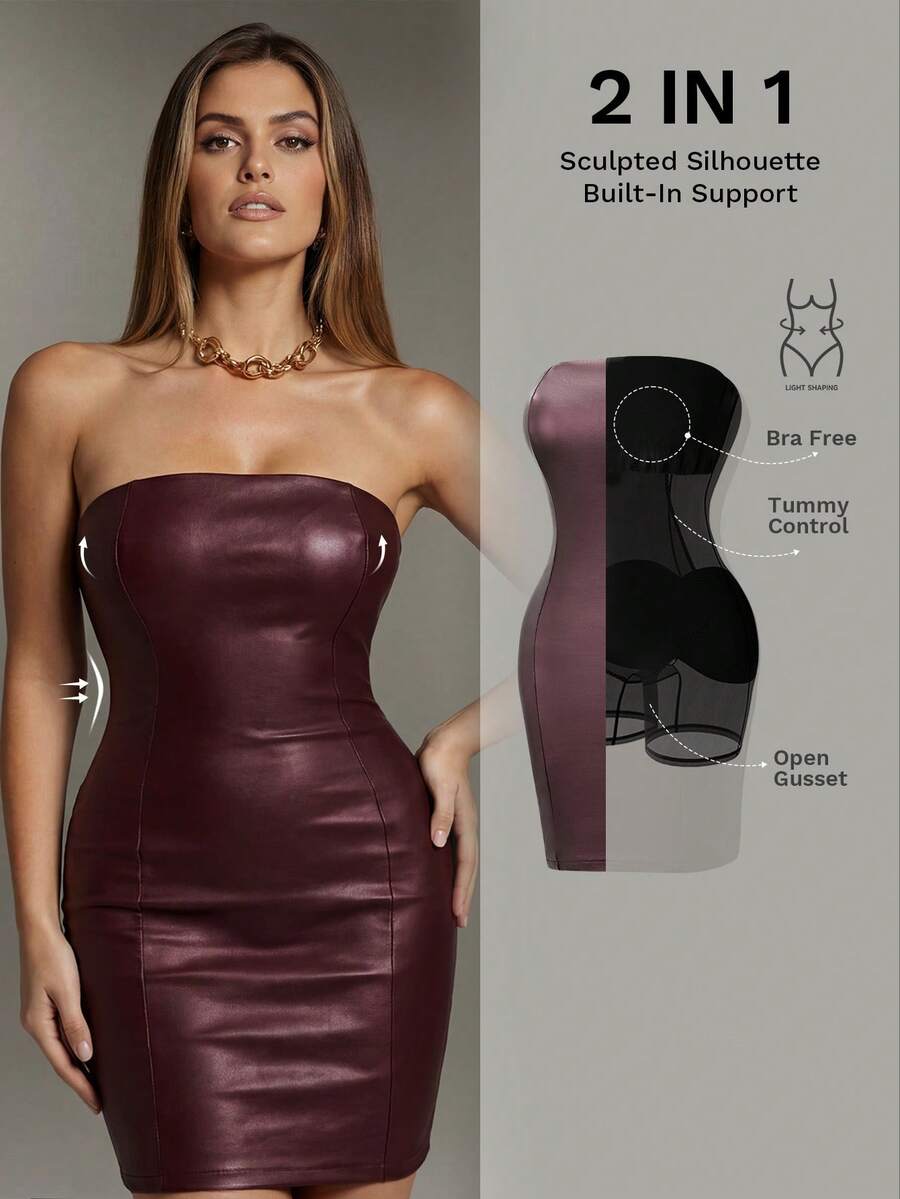 Nuvra Women's Low-Cut Double Layer Tummy Control Shapewear Slip Dress With Lining, Waist Cinching, Butt Lifting Mini Bodycon Dress - Brown - View 1