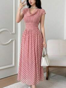 Feyla New French Vintage Polka Dot Cowl Neck Cinched Waist Flared Hem Soft Style Dress - Multicolor - View 2